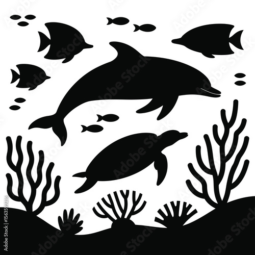 Black Silhouette Underwater Scene with Dolphin Fish Sea Turtle and Coral on White