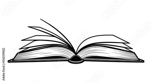 Open book with turning pages in black outline style