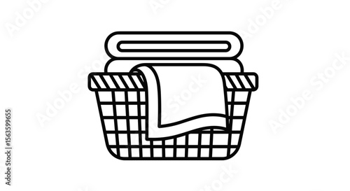 Laundry basket with folded towels icon in black outline style