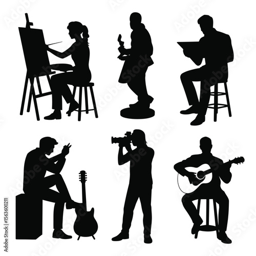 Black silhouettes of artists musicians and a videographer on a white background