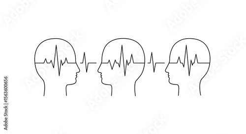 Minimalist line art vector illustration of human head profiles with sound waves for medical and psychological themes