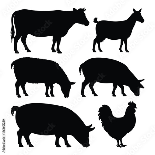 Black silhouettes of farm animals including cow goat sheep pig and rooster on a white background
