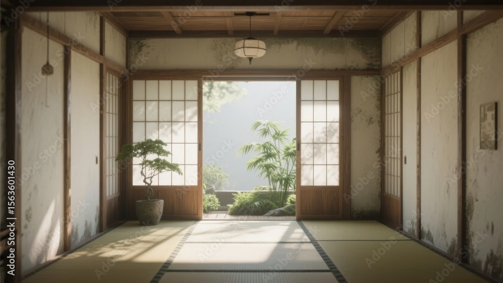 Obraz premium Traditional Japanese Room with Sliding Doors and Tatami Flooring