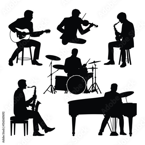 Black silhouettes of musicians playing guitar violin saxophone drums and piano on white background