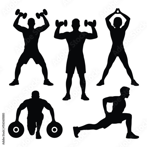 Black silhouettes of people exercising with weights and stretching on a white background