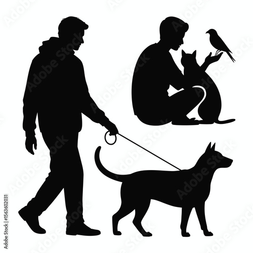 Black silhouettes of people with pets dog cat and bird on a transparent background