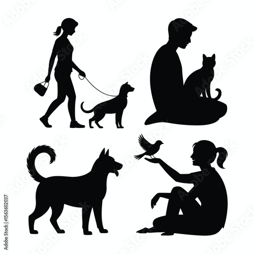 Black silhouettes of people with pets including a dog cat and bird on a white background