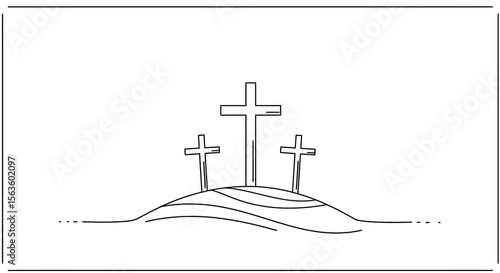 Minimalist religious vector illustration of three crosses on a hilltop for easter concepts and designs