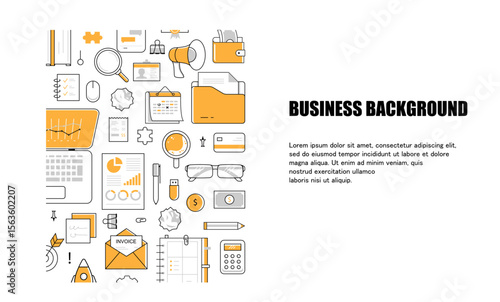 Business Workplace Background. Top view of line stroke style icon laptop, notebook, documents, books, glasses, calendar, wallet, phone. Analytics, optimization, management. Website banner vector 