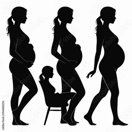 Black silhouettes of pregnant women in various poses on a white background