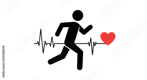 Heart health and fitness vector illustration: running silhouette with heartbeat line
