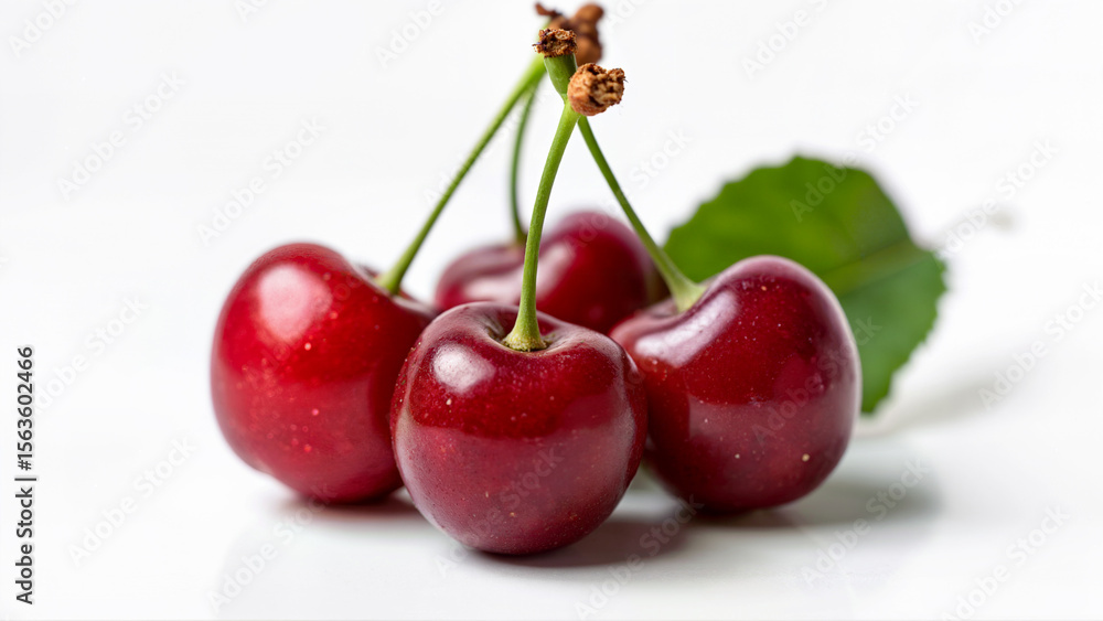 Fresh cherries with stems and a green leaf, isolated on a white background. Suitable for illustrating healthy food, fruit concepts, or summer produce in digital and print media. Fresh cherries with stems and a green leaf, isolated on a white background. Suitable for illustrating healthy food, fruit concepts, or summer produce in digital and print media.
