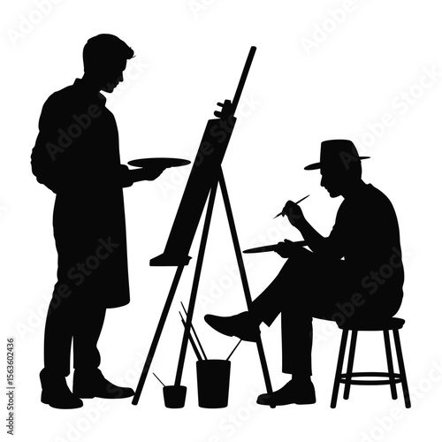 Black silhouettes of two artists painting with easel palette brushes and stool on white background