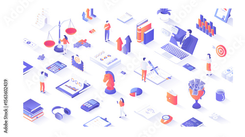 Data Analysis, Accounting, Analytics, Report, Research, Planning. Business process, office work. People work with documents, graphs and charts. 3d isometric concept for web. Vector illustration.