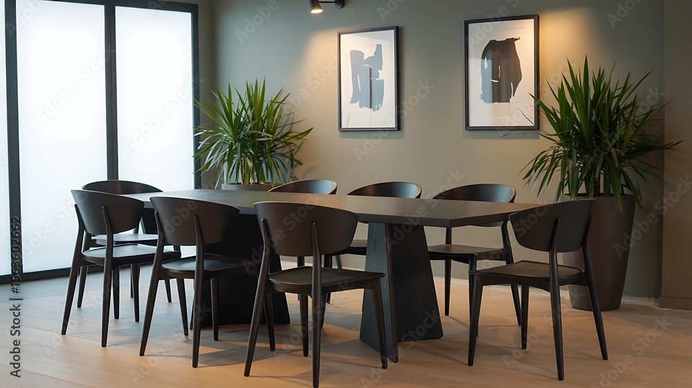 Fototapeta premium Modern dining room with dark furniture and abstract art image
