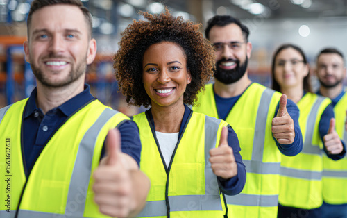 A diverse group of warehouse workers wearing safety vests giving thumbs up and smiling confidently.