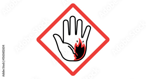 Safety warning vector illustration of hand with fire icon in diamond red border