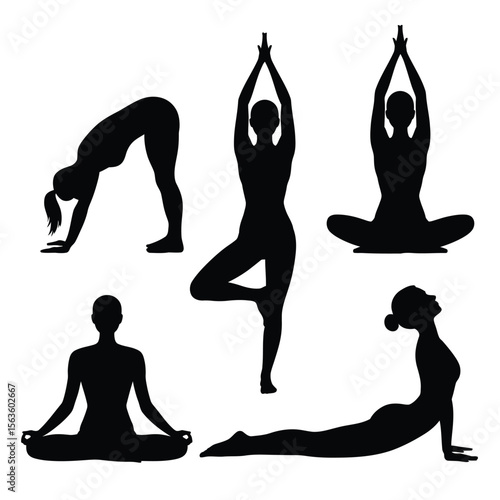 Black silhouettes of yoga poses on a white background including tree pose and seated meditation