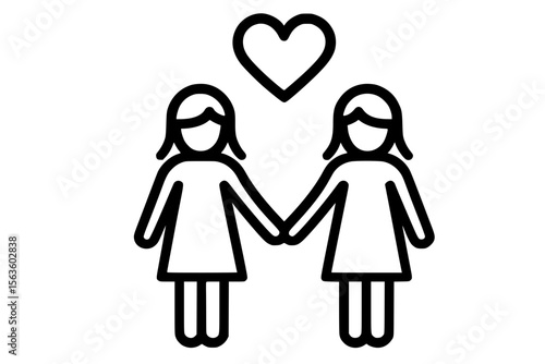 Vector Illustration of Lesbian Couple Holding Hands with Heart Symbol of Love and LGBTQ+ Pride