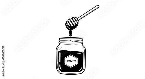 Honey jar with dipper icon in black outline style on white background
