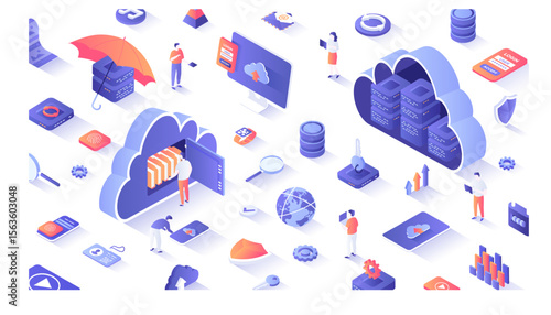 Cloud Computing. Web Cloud Technology, Data Storage, Hosting, Connection. Tiny people work with a cloud service platform. 3d isometric concept for web. Vector illustration.