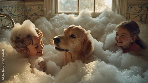 Two children and golden retriever dog enjoying bubble bath with foam in sunlit bathroom creating joyful playful moments and laughter
