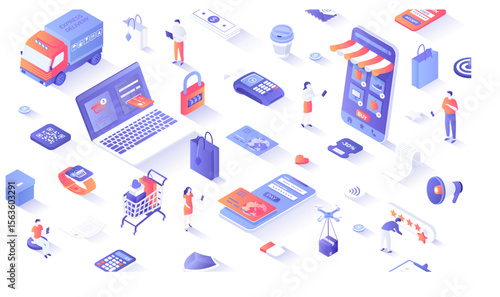 Online Shopping Services. Delivery and order goods in mobile application, digital payment. Tiny people make purchases in stores by phone or laptop. 3d isometric concept for web. Vector illustration.