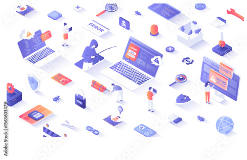 Internet Phishing and Hacking. Cyber phishing private personal data, documents, email, passwords. Cyber security awareness. 3d isometric concept for web. Vector illustration.