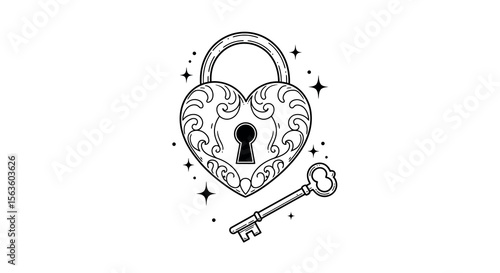 Heart shaped lock and key vector illustration: romantic symbol design for prints and cards in line art style