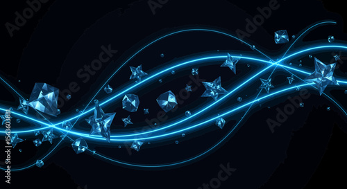 Elegant dark background adorned with glowing blue lines,stars and gemstones