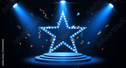 Illuminated Star on Stage with Confetti Celebration under Spotlight, blue theme