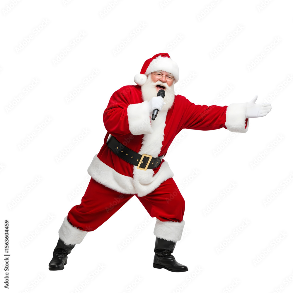 Santa claus joyfully singing into a microphone in full costume isolated on transparent background, spreading holiday cheer with a festive performance Santa claus joyfully singing into a microphone in full costume isolated on transparent background, spreading holiday cheer with a festive performance