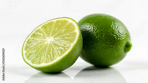 Whole lime and a half lime with juicy flesh and visible seeds on a white background. Suitable for food, nutrition, and healthy lifestyle concepts.