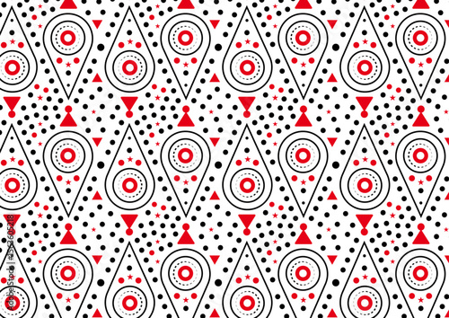 A repeating geometric pattern circles, stars, rows black dots, and triangles