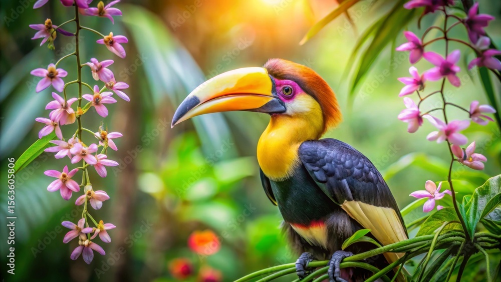 Obraz premium A Vibrant Hornbill Perched Amidst Lush Tropical Foliage and Delicate Orchids, Bathed in Golden Sunlight