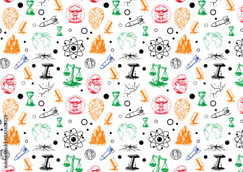 A colorful, seamless vector pattern, atoms, rockets, globes, clouds