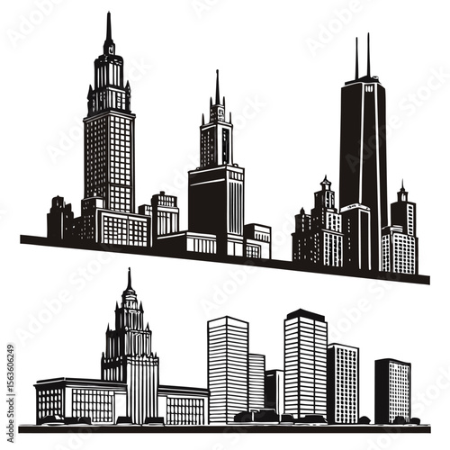 Two Black and White City Skyline Silhouettes monochrome