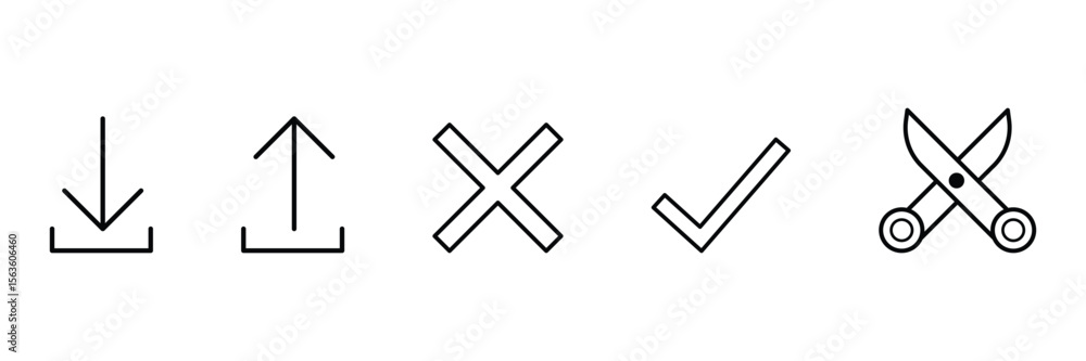 Fototapeta premium Download, upload, cancel, check, cut icon set vector illustration in minimal outline style for interface UI symbol web mobile design.
