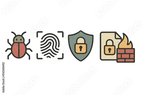 Security icons representing cybersecurity measures against threats and vulnerabilities in digital environments