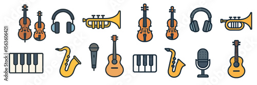 Musical instruments collection featuring violins, trumpets, guitars, and more in vibrant colors
