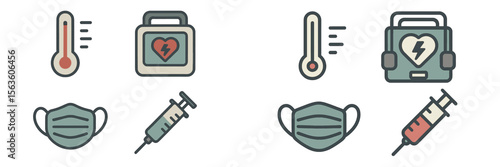 Symbols representing medical care and health safety tools, including syringes and thermometers, in a clean and organized manner