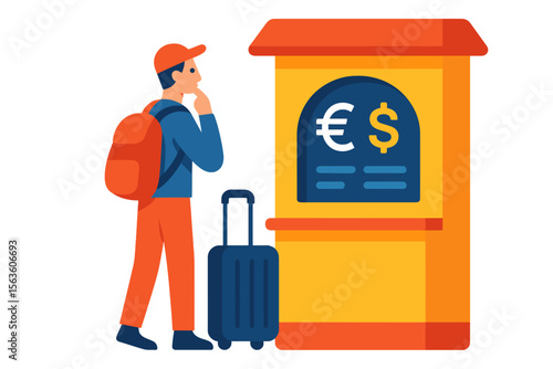 Traveler exchanging currency at a money exchange kiosk in a busy airport during daytime hours