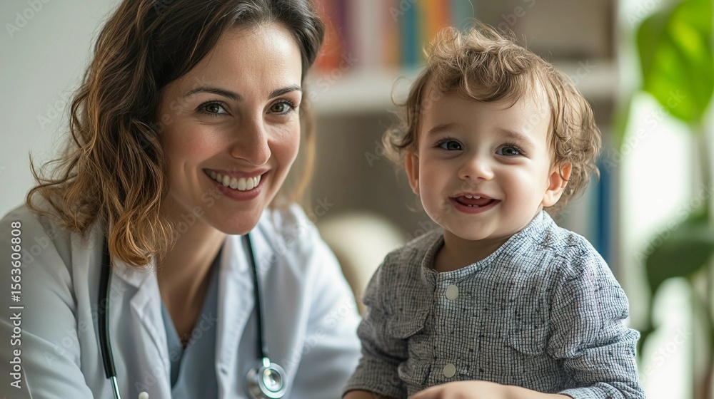 Fototapeta premium Doctor Smiling with Happy Toddler in Clinic