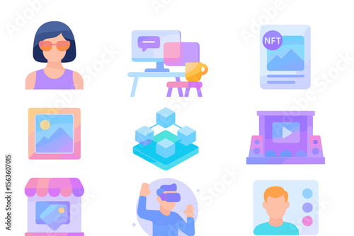 Colorful digital icons representing various online activities and technology in a modern workspace setup during a creative session