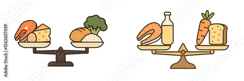 Balancing nutritious foods through illustrations of healthy meal choices on scales at a wellness market