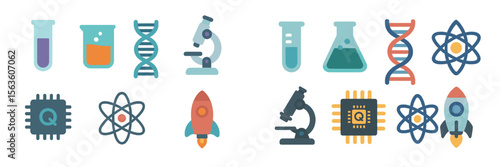 Colorful science icons representing research, experimentation, and technology in various fields