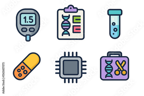 Various medical and scientific icons representing healthcare, genetics, and innovation in biotechnology and medicine