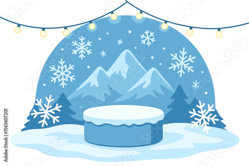 Winter wonderland backdrop featuring snowflakes, mountains, and string lights for festive gatherings