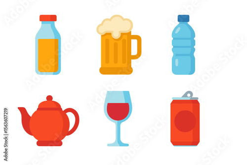 Various beverages displayed on a white background, showcasing a collection that includes juices, teas, and ales