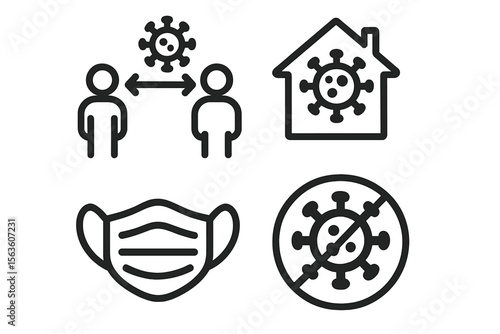 Visual representation of COVID-19 safety measures including social distancing, mask-wearing, and virus prevention